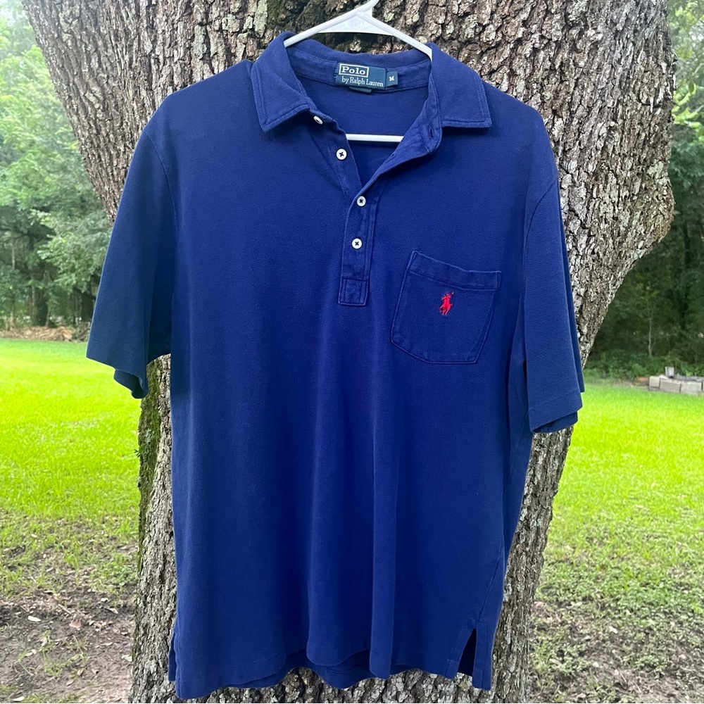 POLO BY RALPH LAUREN NAVY BLIE RED HORSE LOGO SHORT SLEEVE MEDIUM POCKET GUC